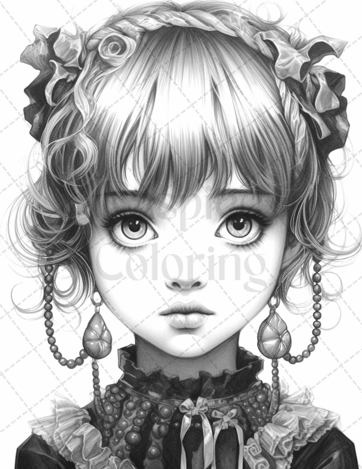 60 Adorable Gothic Girls Grayscale Coloring Pages Printable for Adults, PDF File Instant Download