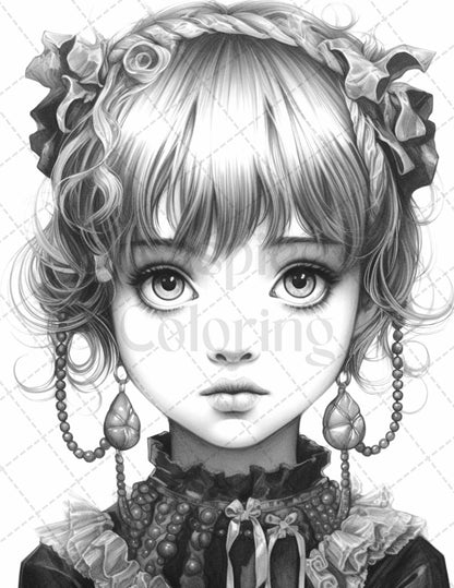 60 Adorable Gothic Girls Grayscale Coloring Pages Printable for Adults, PDF File Instant Download