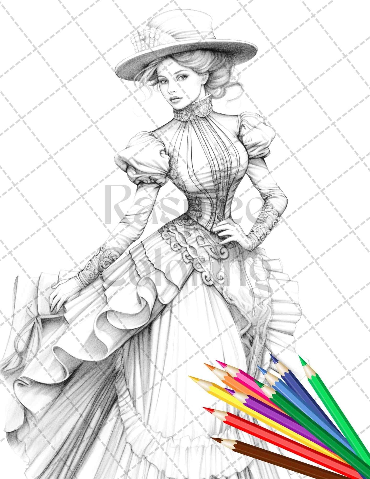 50 Victorian Fashion Grayscale Coloring Pages Printable for Adults, PDF File Instant Download