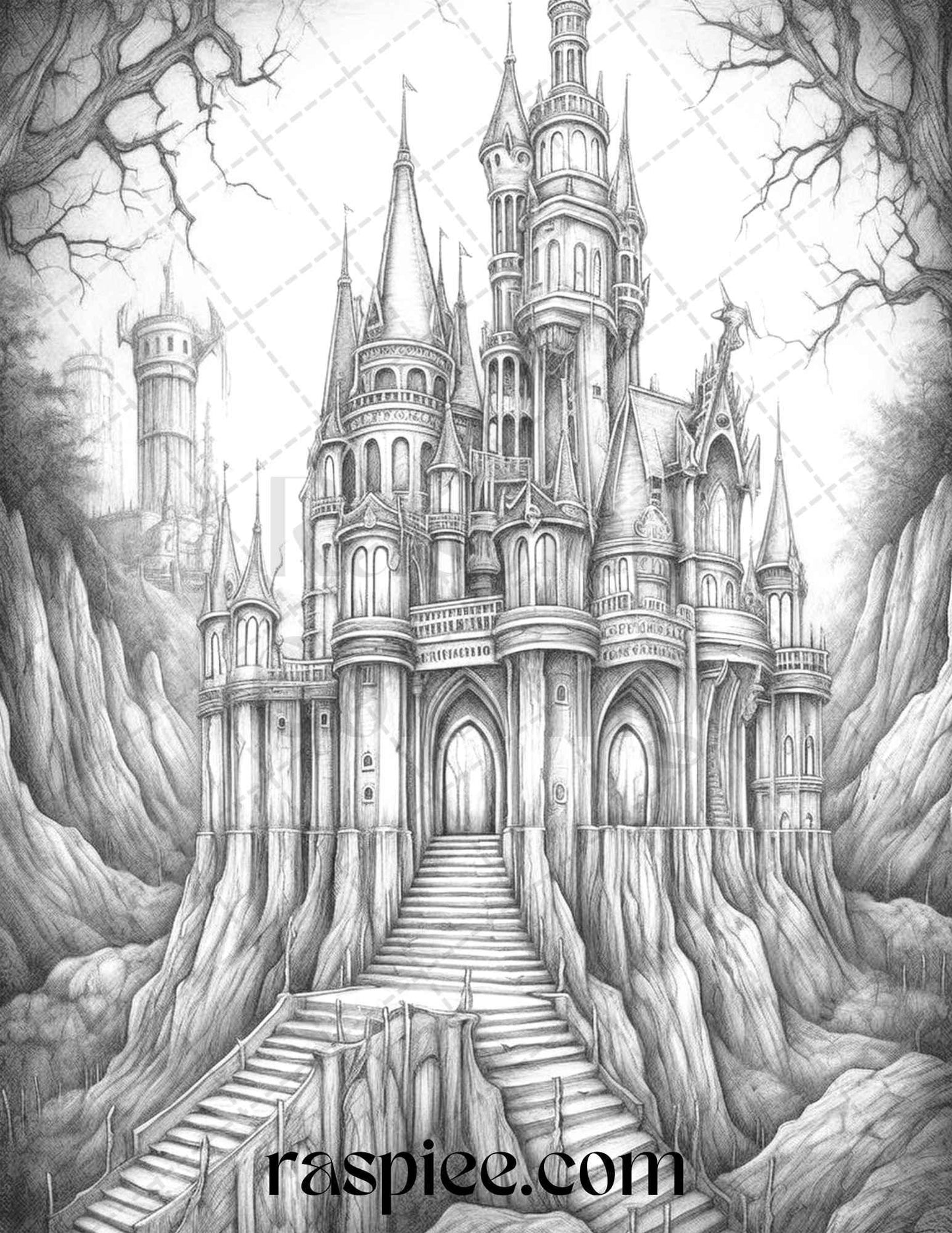 50 Haunted Castles Grayscale Coloring Pages Printable, Halloween Coloring Book, PDF File Instant Download