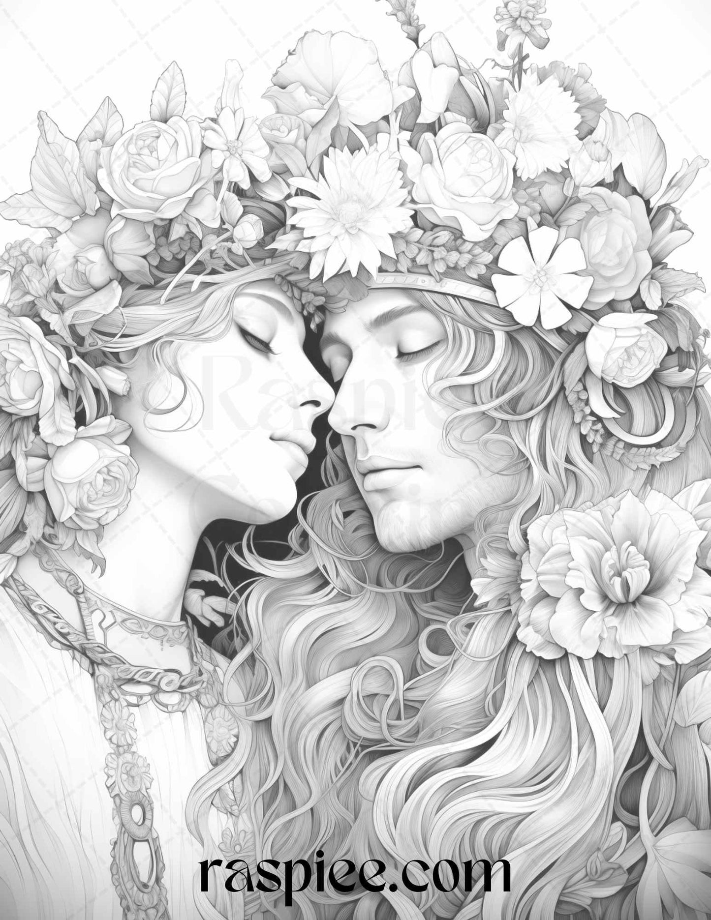 50 Romantic Couple Flowers Grayscale Coloring Pages Printable for Adults, PDF File Instant Download