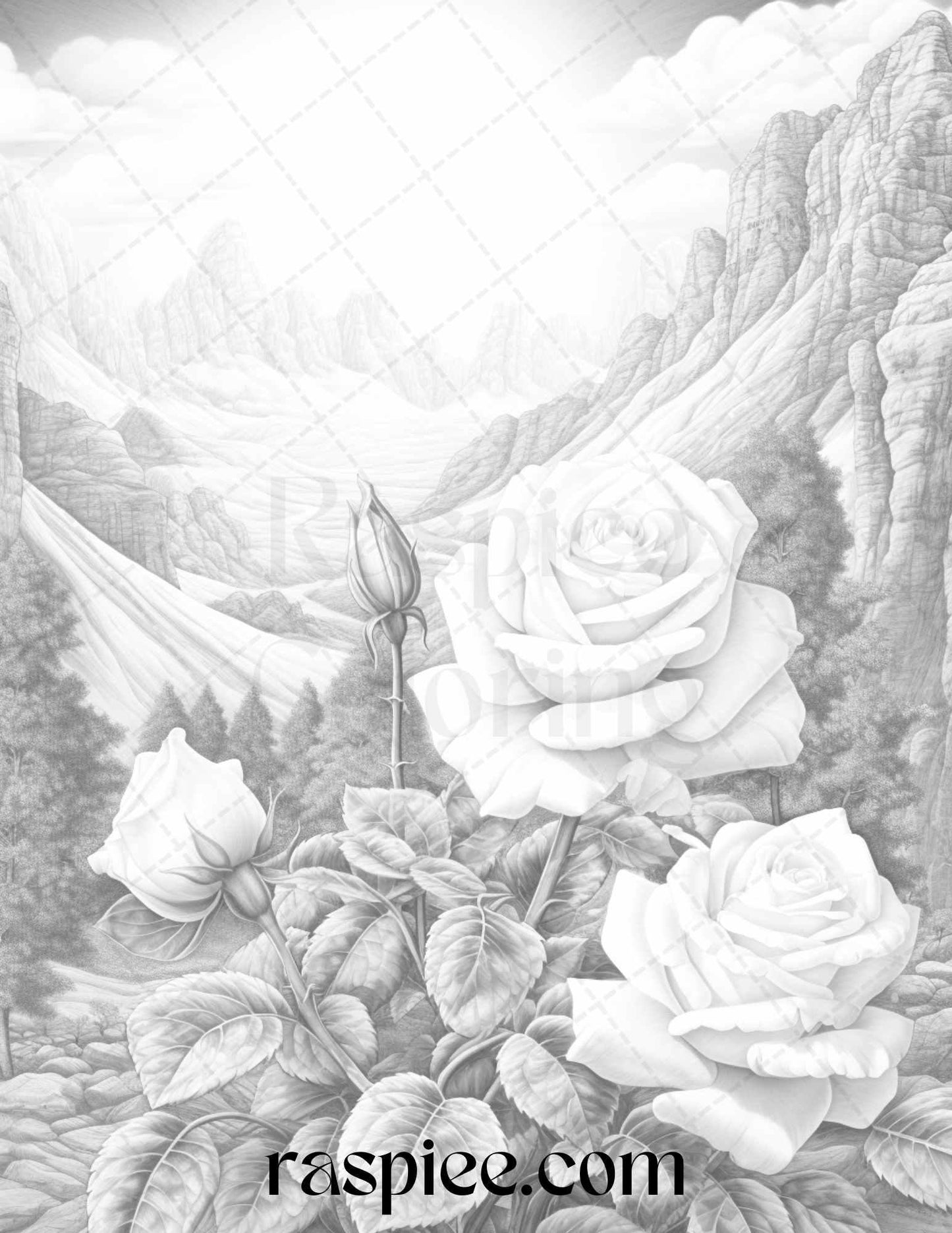 60 Mountain Flower Landscapes Grayscale Coloring Pages Printable for Adults, PDF File Instant Download