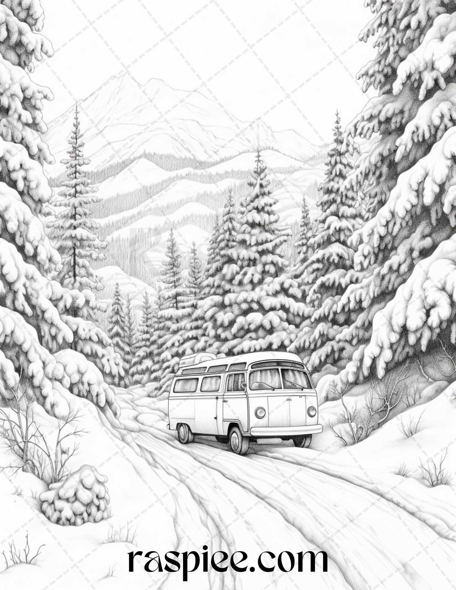 Winter Scenery Grayscale Coloring Pages Printable, Relaxing Snowy Landscapes, PDF File Instant Download