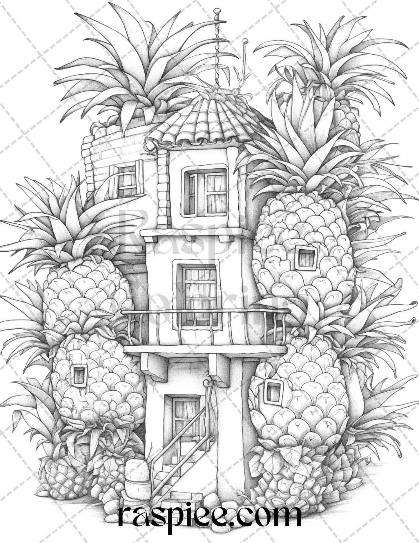 50 Pineapple Houses Grayscale Coloring Pages Printable for Adults, PDF File Instant Download