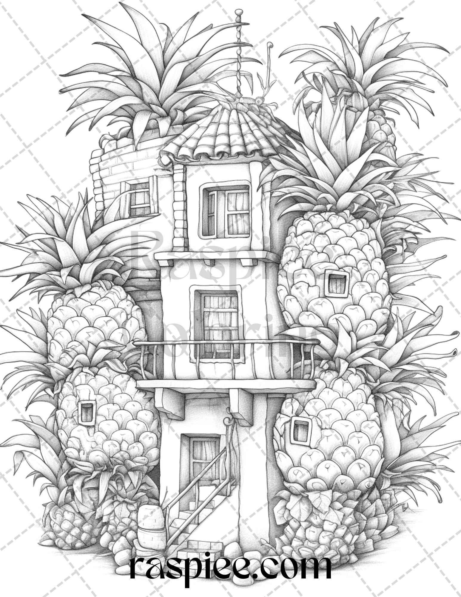 50 Pineapple Houses Grayscale Coloring Pages Printable for Adults, PDF File Instant Download