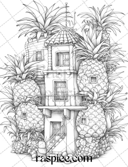 50 Pineapple Houses Grayscale Coloring Pages Printable for Adults, PDF File Instant Download