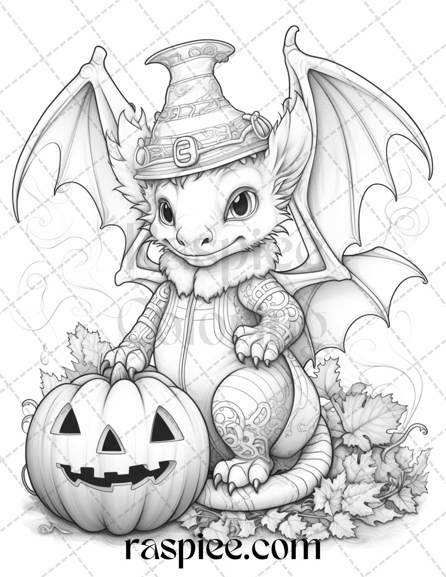 50 Cute Pumpkin Dragons Graycale Coloring Pages for Adults and Kids, Printable PDF File Instant Download