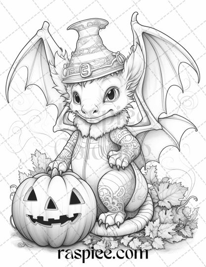 50 Cute Pumpkin Dragons Graycale Coloring Pages for Adults and Kids, Printable PDF File Instant Download