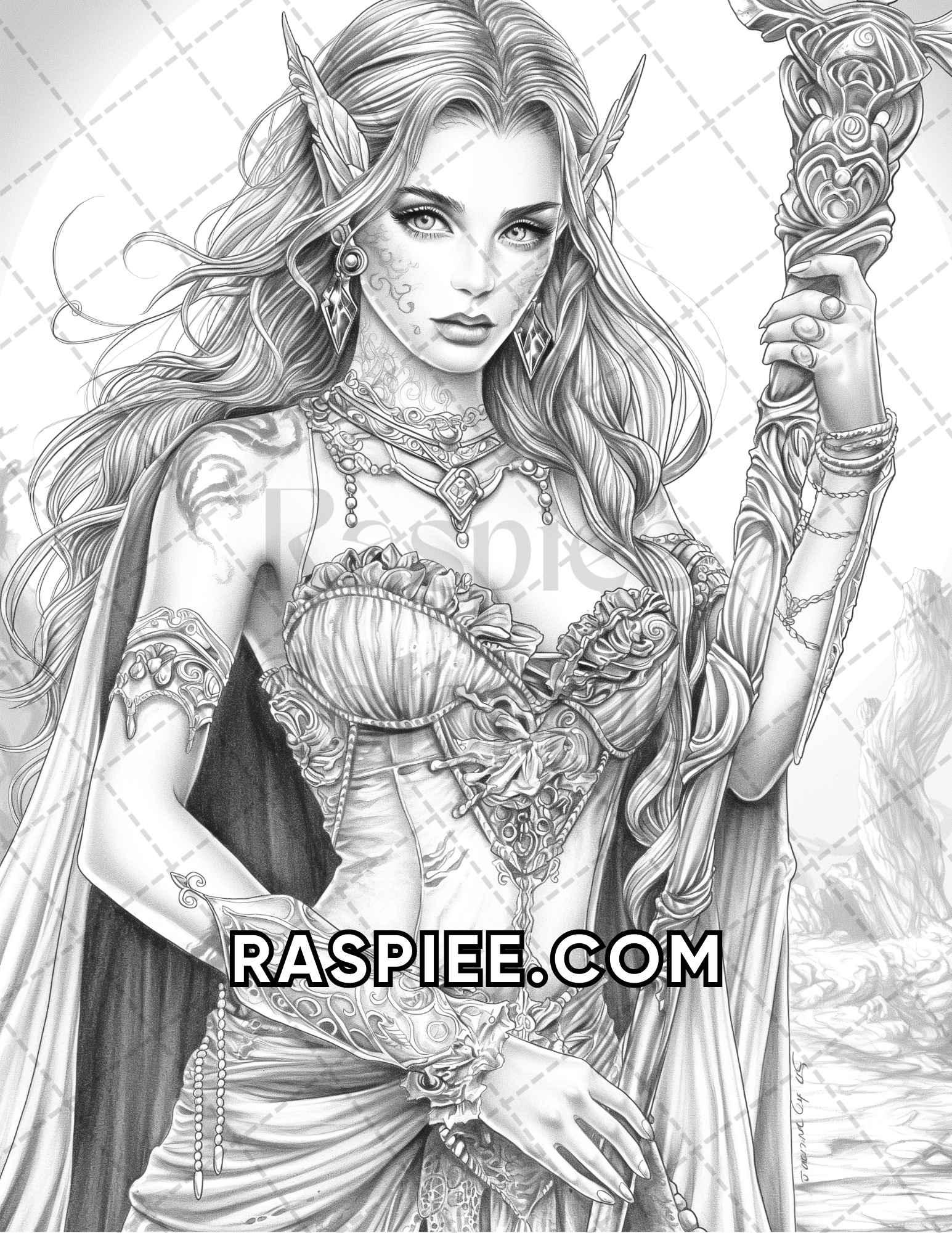 60 Fantasy Beauties Grayscale Adult Coloring Pages Printable PDF Instant Download