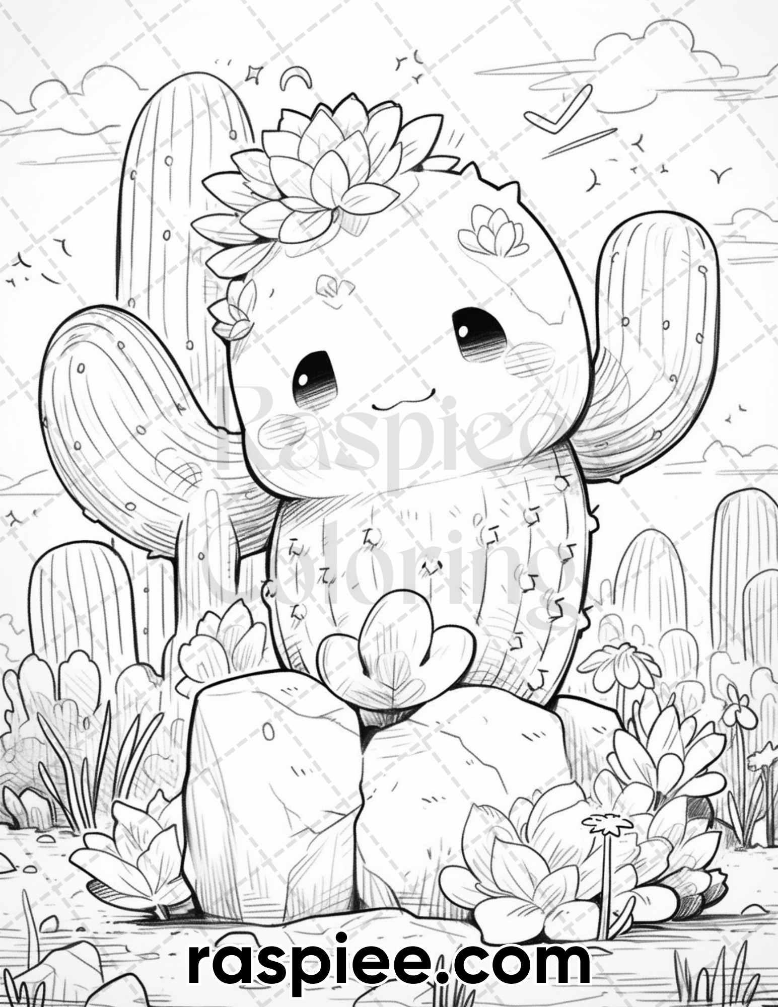60 Cute Cactus Adventure Grayscale Coloring Pages for Adults, Printable PDF Instant Download