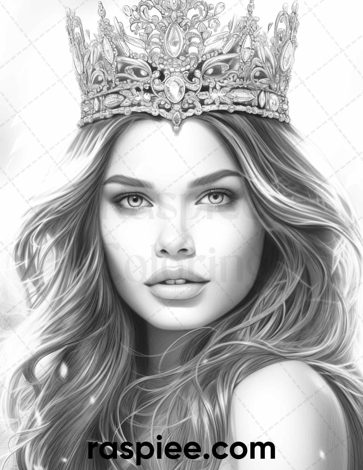 50 Winter Queens Portrait Grayscale Coloring Pages Printable for Adults, PDF File Instant Download