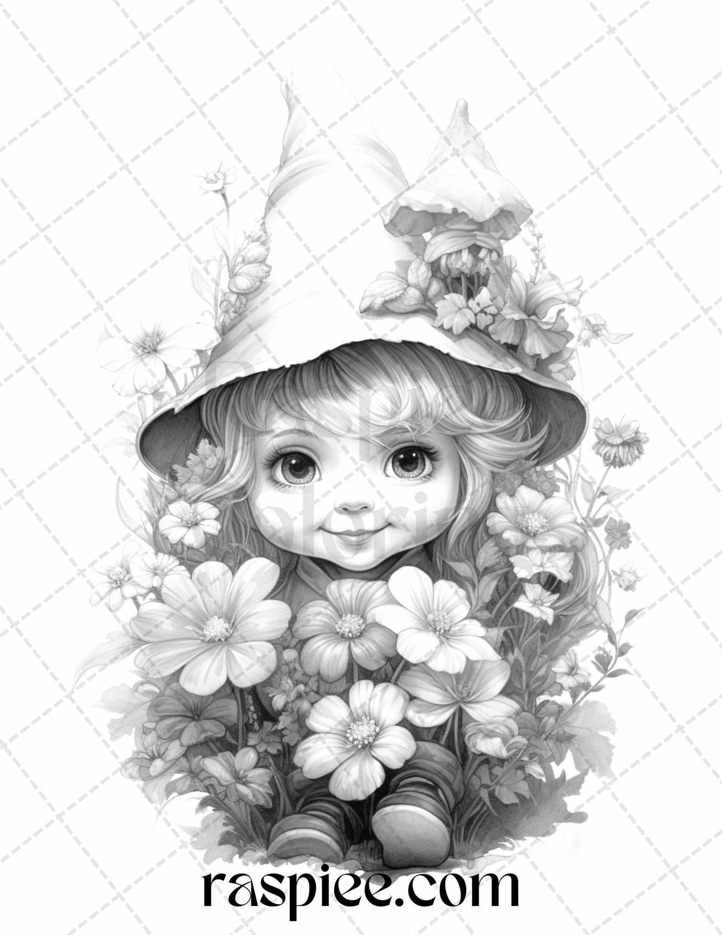 50 Flower Gnomes Grayscale Coloring Pages Printable for Adults Kids, PDF File Instant Download