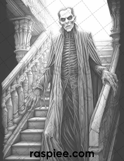 50 Count Dracula Grayscale Coloring Pages Printable for Adults, PDF File Instant Download