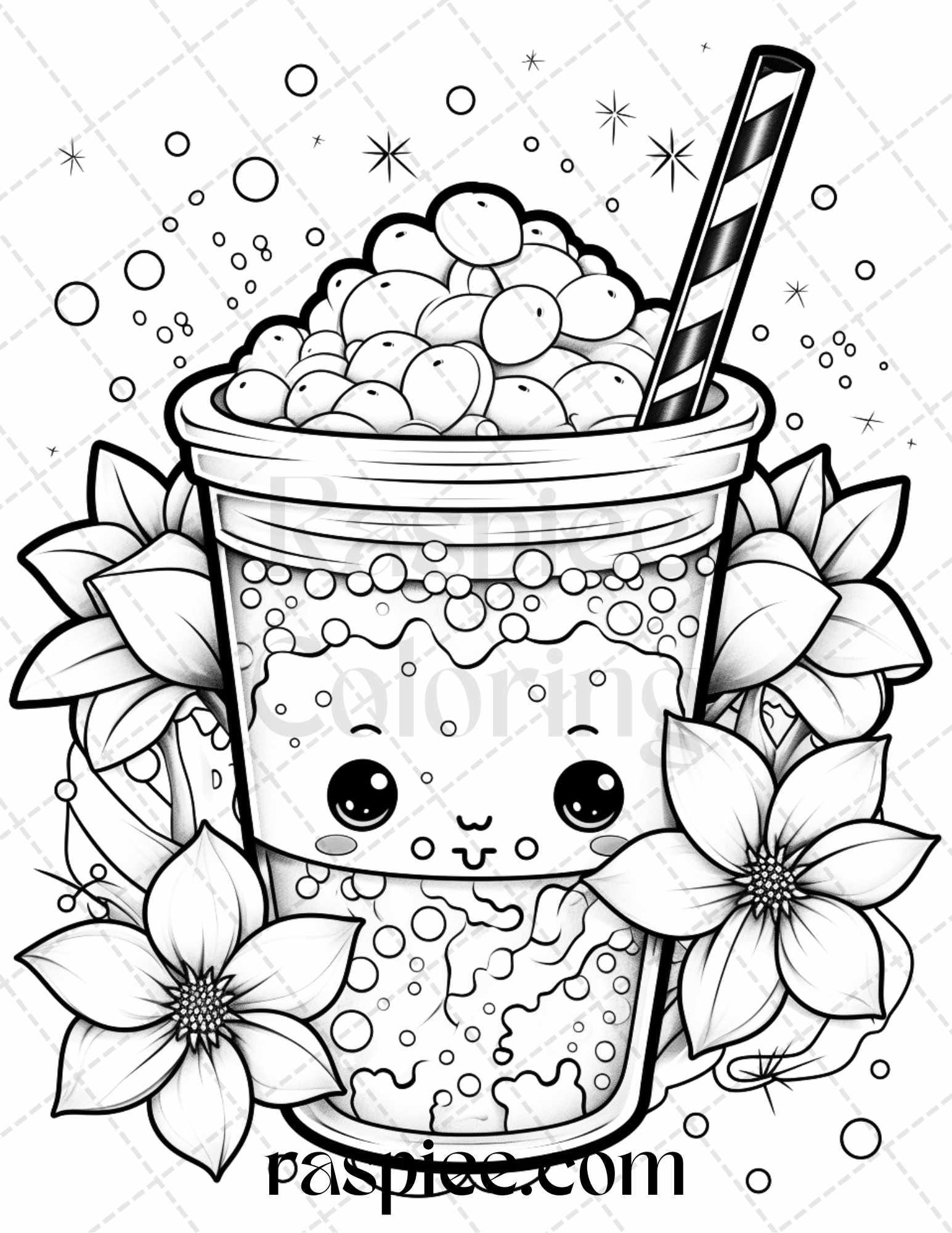 50 Cute Kawaii Boba Tea Grayscale Coloring Pages for Adults and Kids, Printable PDF File Instant Download