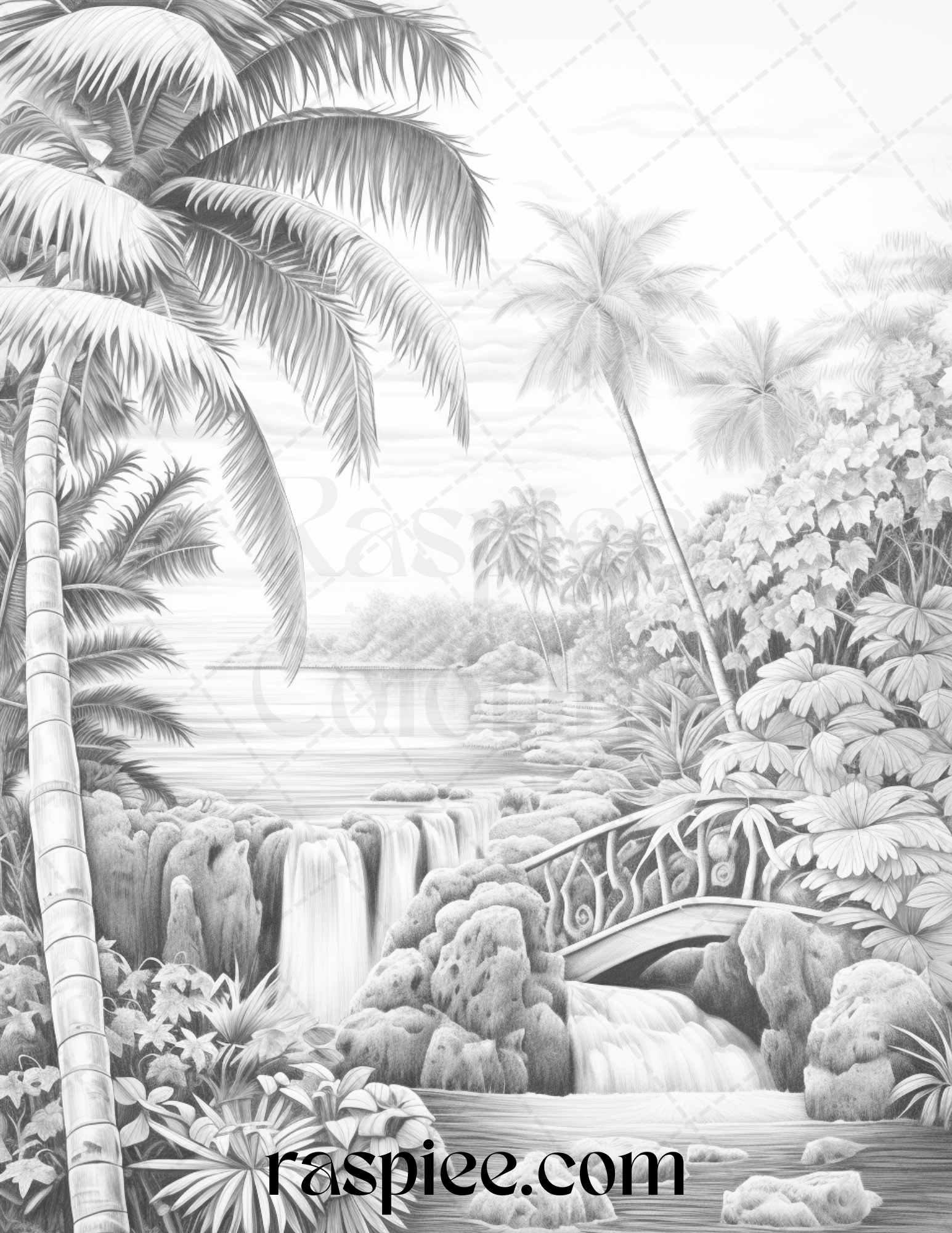 52 Tropical Oasis Grayscale Coloring Pages Printable for Adults, PDF File Instant Download