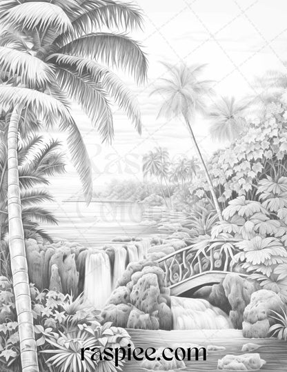 52 Tropical Oasis Grayscale Coloring Pages Printable for Adults, PDF File Instant Download