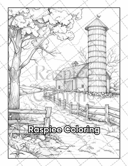 50 Country Farm Scenes Adult Coloring Pages Printable PDF Instant Download