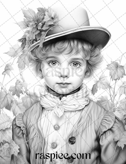 60 Victorian Autumn Portrait Grayscale Coloring Pages Printable for Adults, PDF File Instant Download