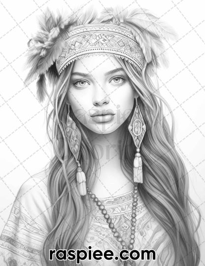 60 Bohemian Beauties Grayscale Coloring Pages for Adults, Printable PDF Instant Download