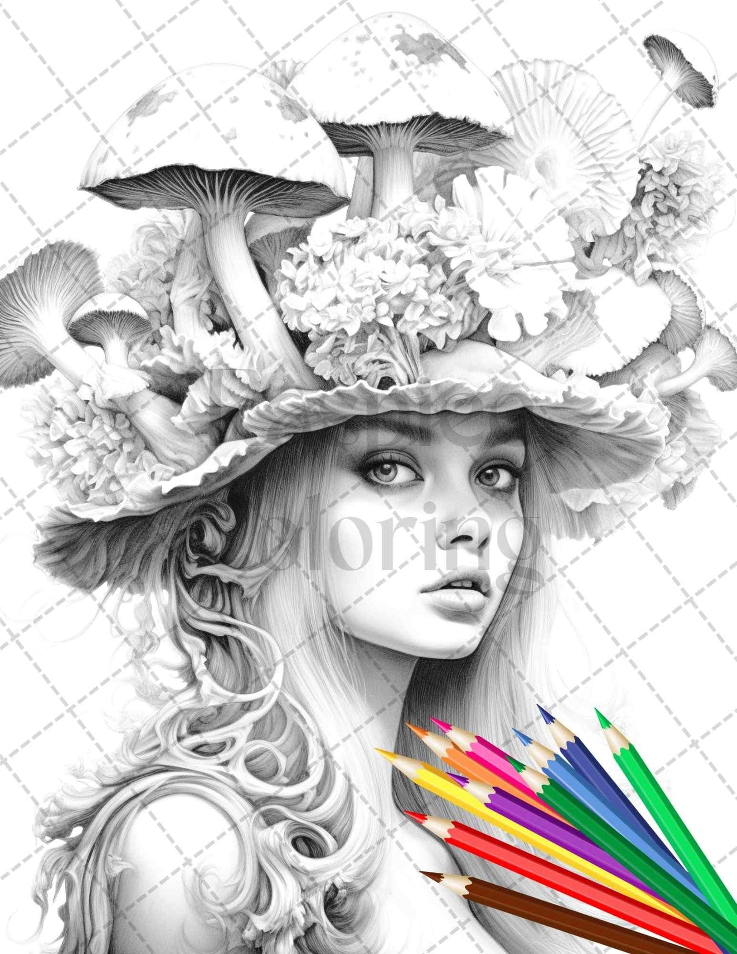 50 Mushroom Fairy Grayscale Coloring Pages Printable for Adults, PDF File Instant Download