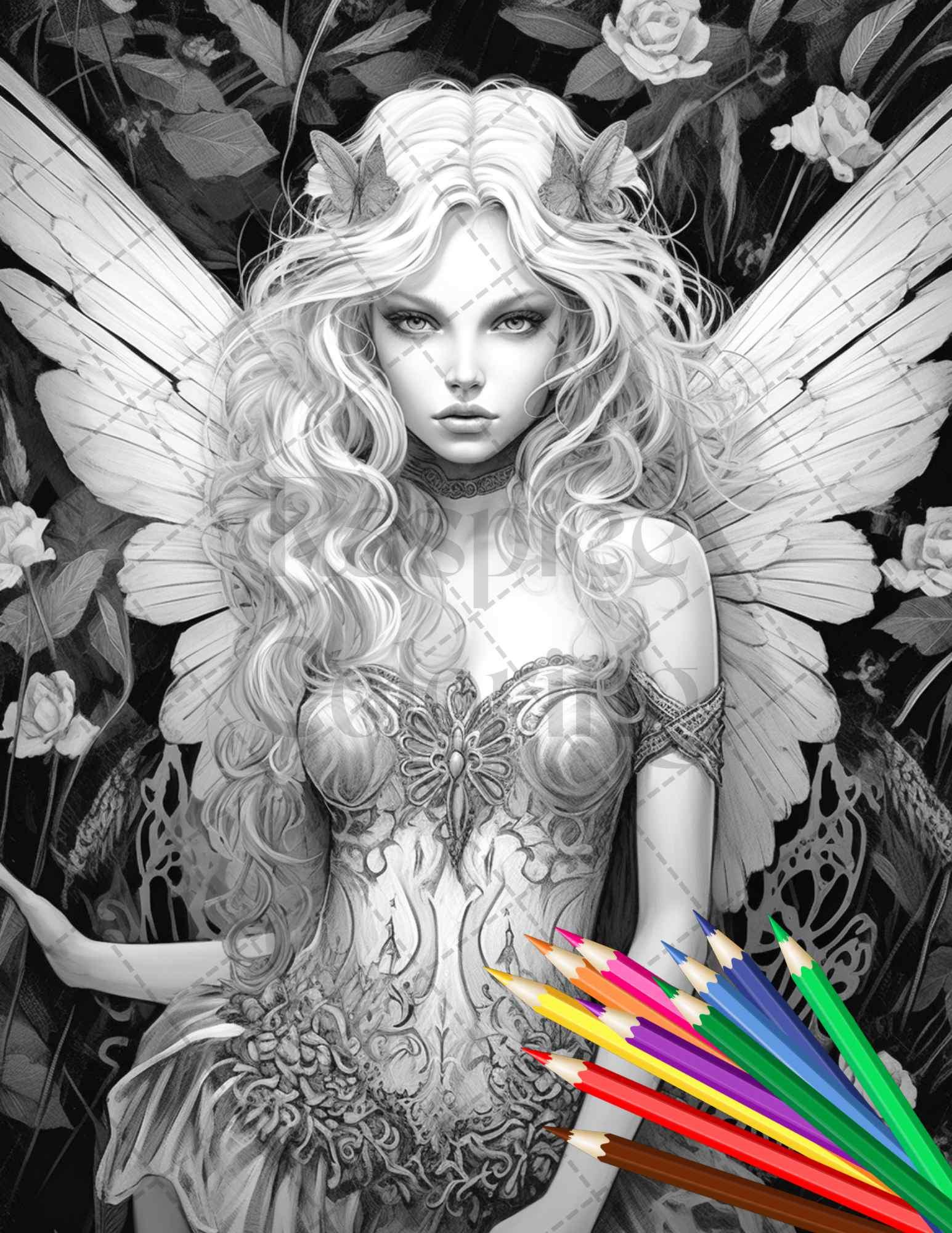 Beautiful Dark Fairy Grayscale Coloring Pages Printable for Adults, PDF File Instant Download