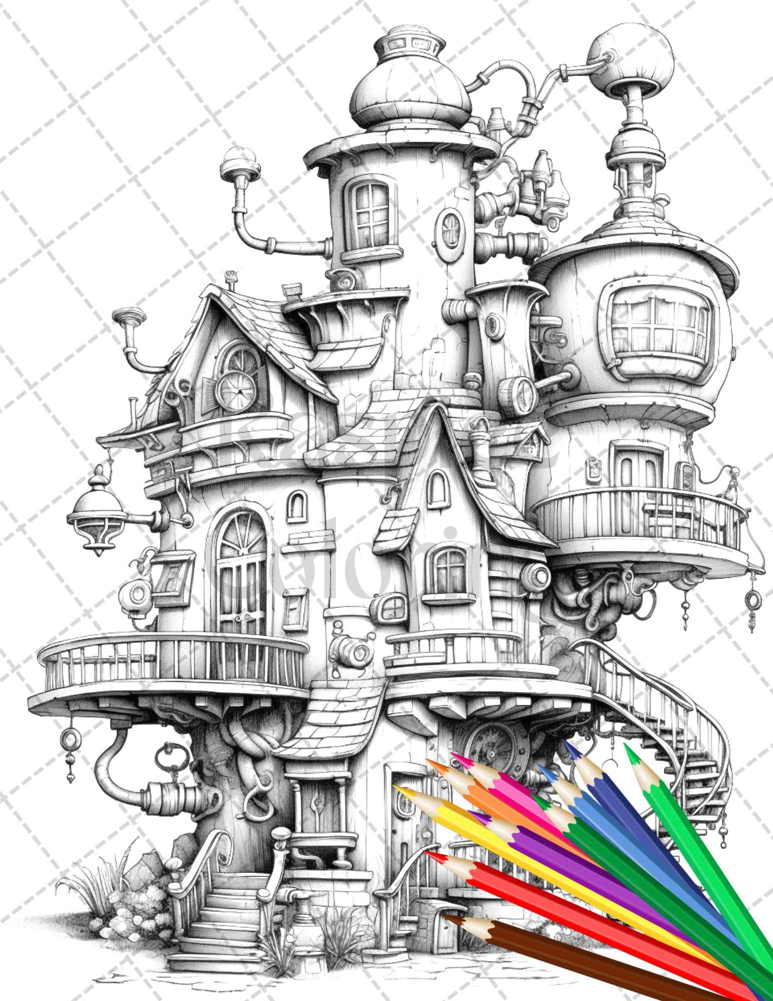 50 Steampunk Houses Grayscale Coloring Pages Printable for Adults, PDF File Instant Download