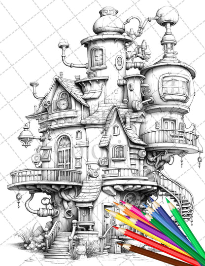 50 Steampunk Houses Grayscale Coloring Pages Printable for Adults, PDF File Instant Download