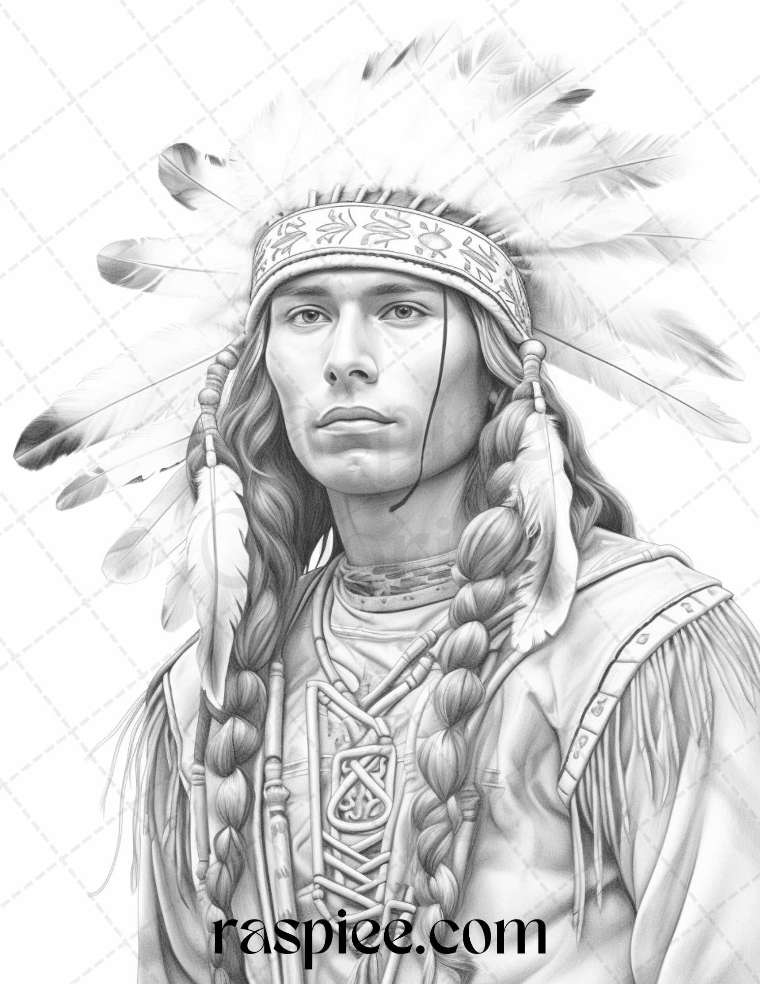 Native American Portrait Grayscale Coloring Pages Printable for Adults, PDF File Instant Download