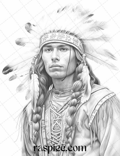 Native American Portrait Grayscale Coloring Pages Printable for Adults, PDF File Instant Download