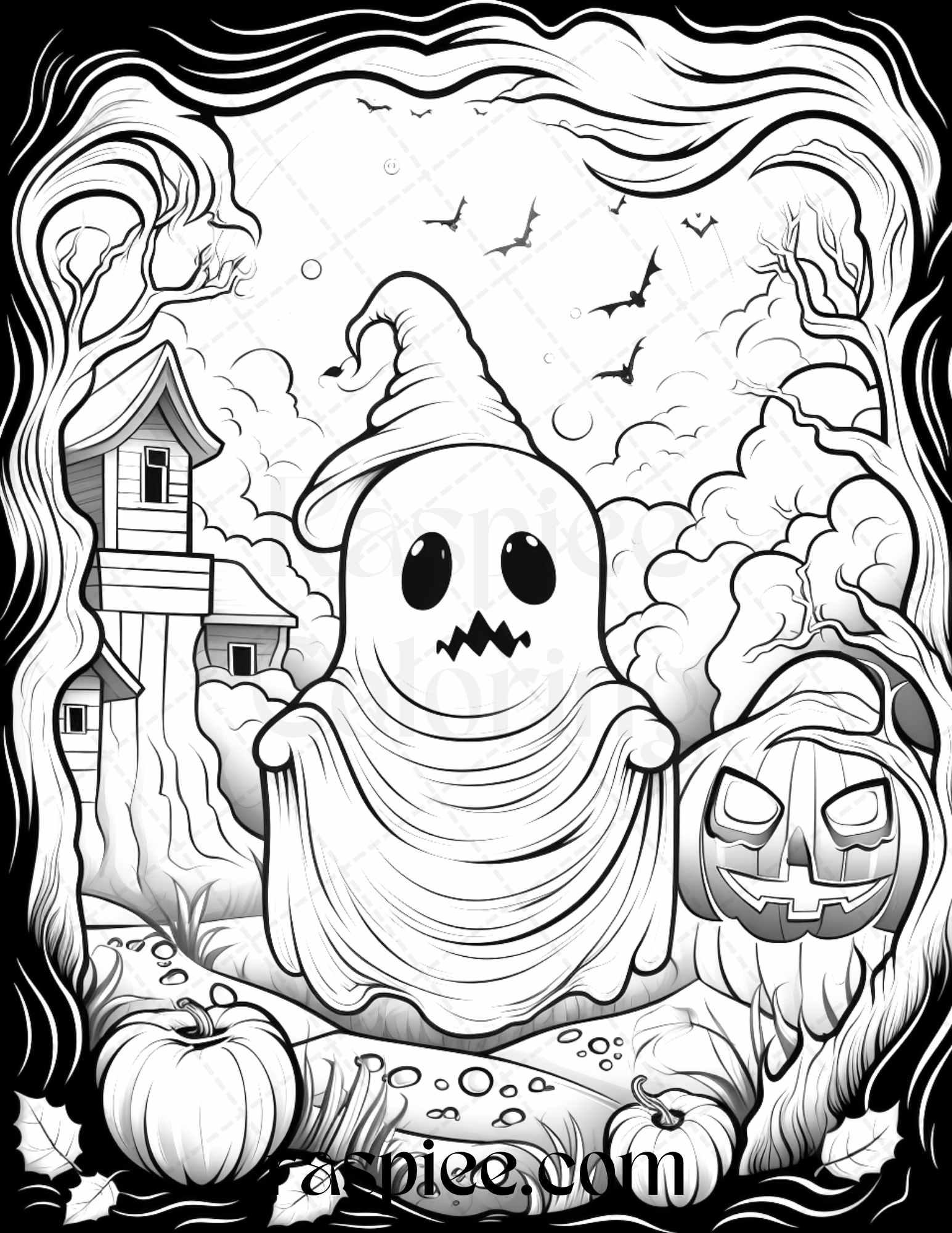 50 Halloween Cute Ghosts Grayscale Coloring Printable for Adults Kids, PDF File Instant Download