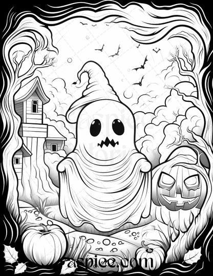 50 Halloween Cute Ghosts Grayscale Coloring Printable for Adults Kids, PDF File Instant Download
