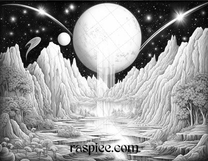 55 Celestial Landscapes Grayscale Coloring Pages Printable for Adults, PDF File Instant Download