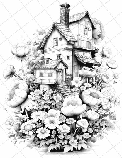 60 Flower Houses Grayscale Coloring Pages Printable for Adults, PDF File Instant Download