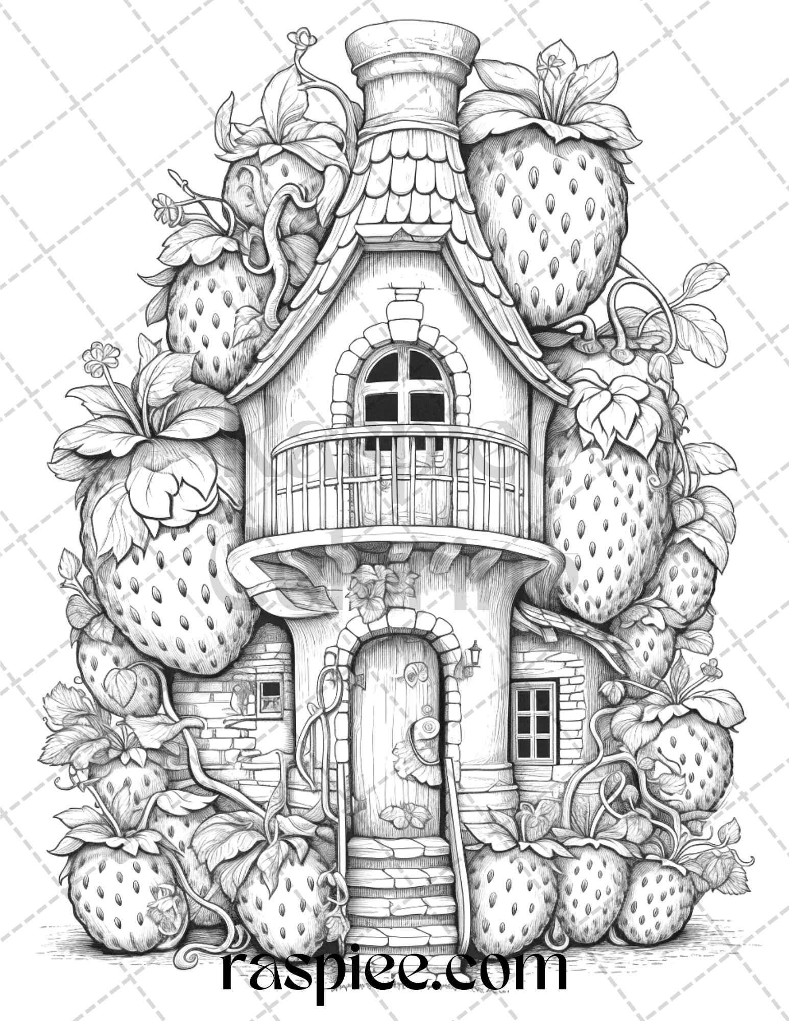 50 Strawberry Houses Grayscale Coloring Pages Printable for Adults Kids, PDF File Instant Download