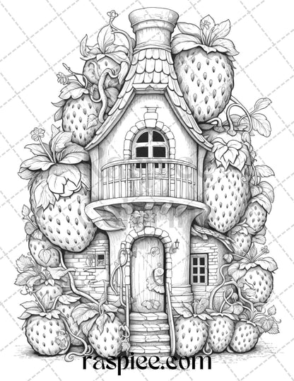 50 Strawberry Houses Grayscale Coloring Pages Printable for Adults Kids, PDF File Instant Download