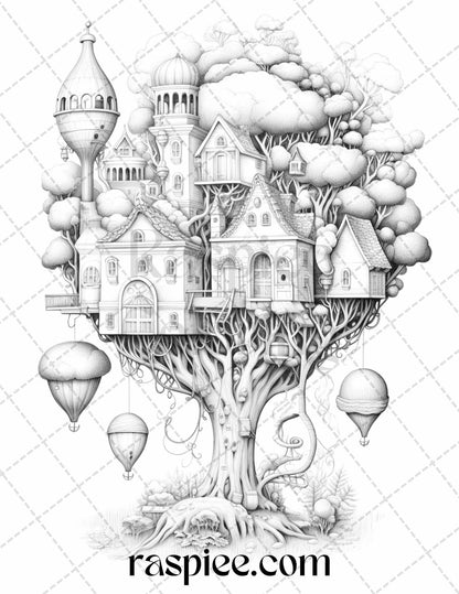 60 Enchanting Surrealism Grayscale Coloring Pages Printable for Adults, PDF File Instant Download