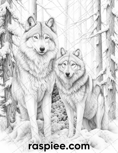 50 Winter Wolf Grayscale Coloring Pages for Adults, Printable PDF Instant Download