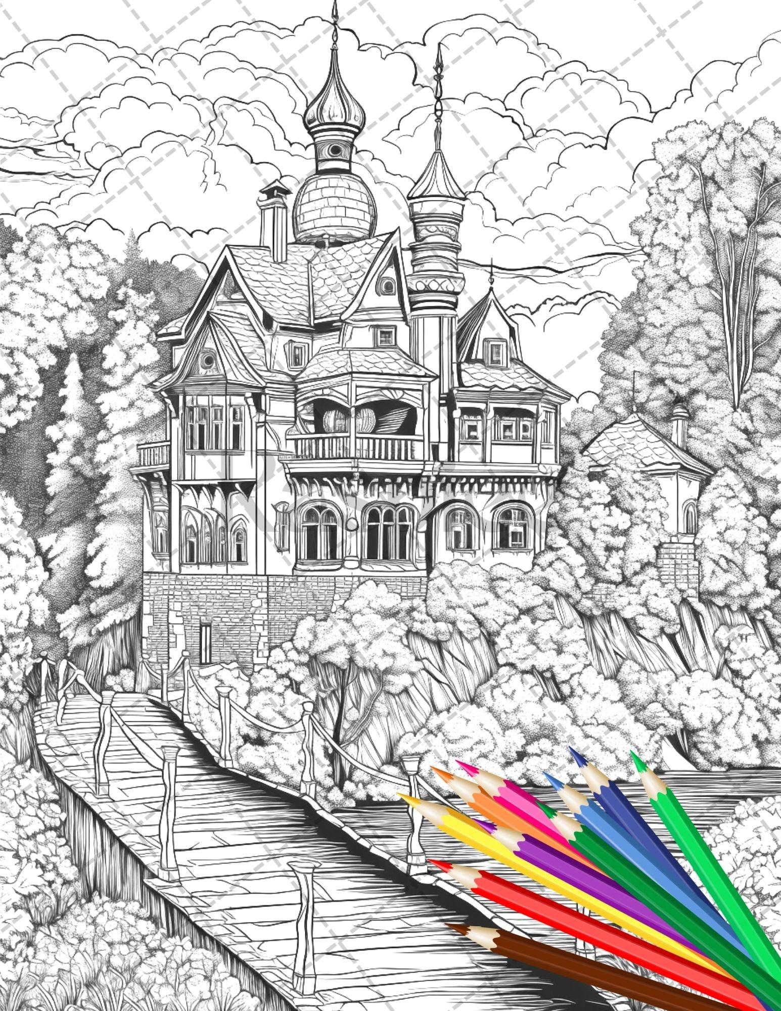 122 Fantasy Castles Coloring Book for Adults, Grayscale Coloring Page, Printable PDF Instant Download