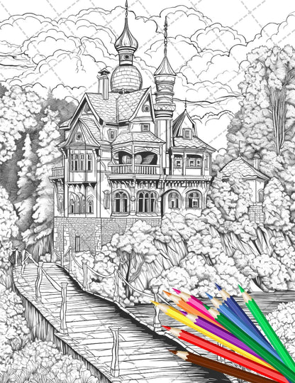 122 Fantasy Castles Coloring Book for Adults, Grayscale Coloring Page, Printable PDF Instant Download