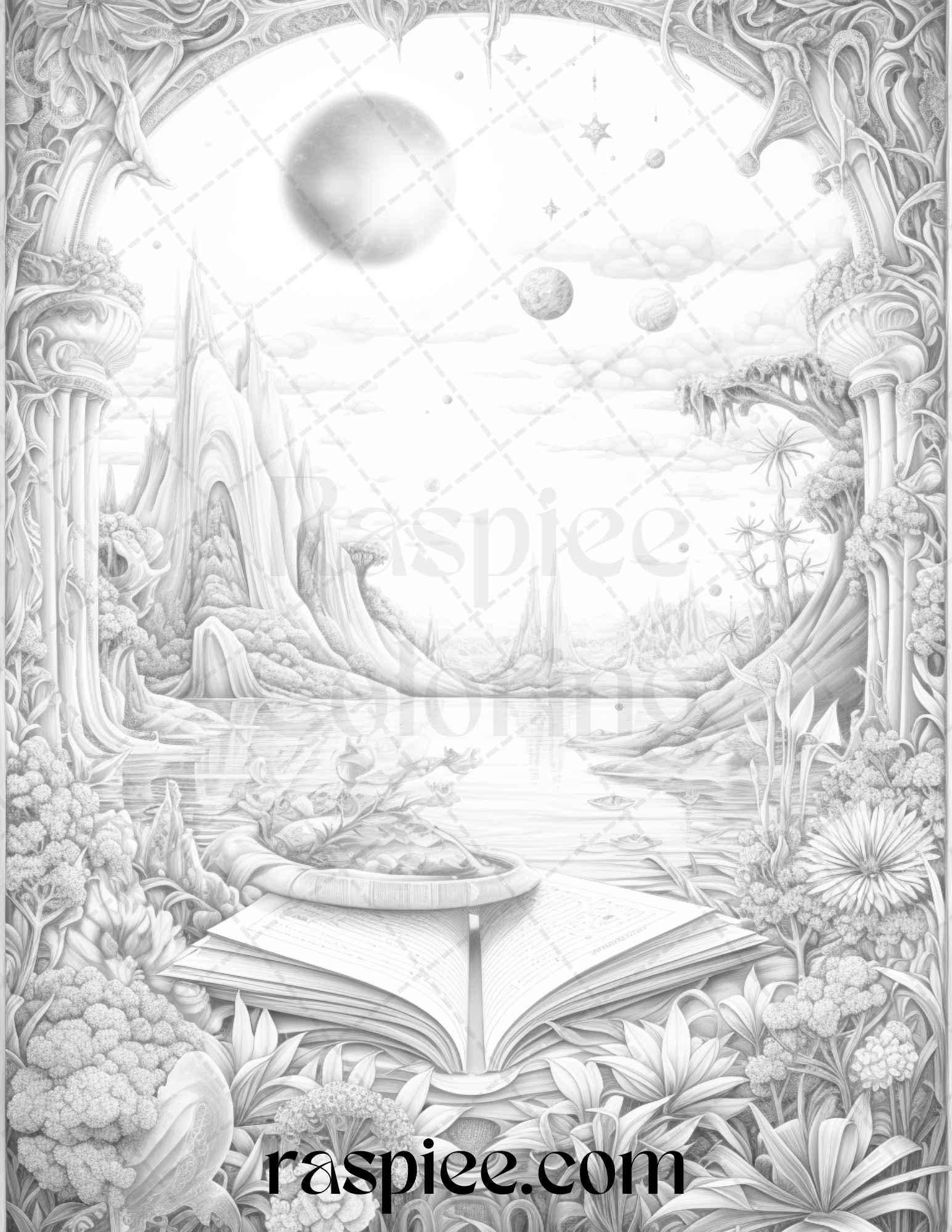 50 Magical Books Grayscale Coloring Pages Printable for Adults, PDF File Instant Download