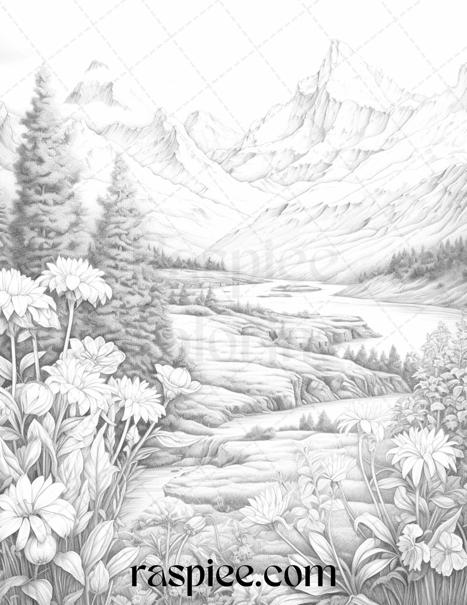 60 Mountain Flower Landscapes Grayscale Coloring Pages Printable for Adults, PDF File Instant Download