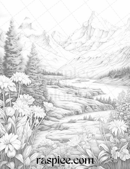 60 Mountain Flower Landscapes Grayscale Coloring Pages Printable for Adults, PDF File Instant Download