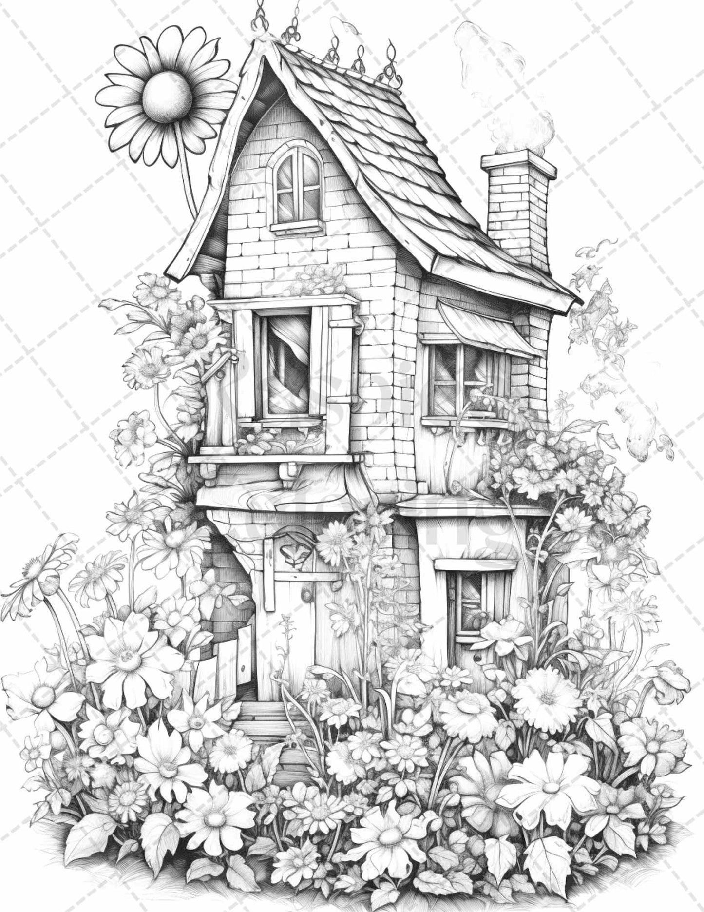 60 Flower Houses Grayscale Coloring Pages Printable for Adults, PDF File Instant Download