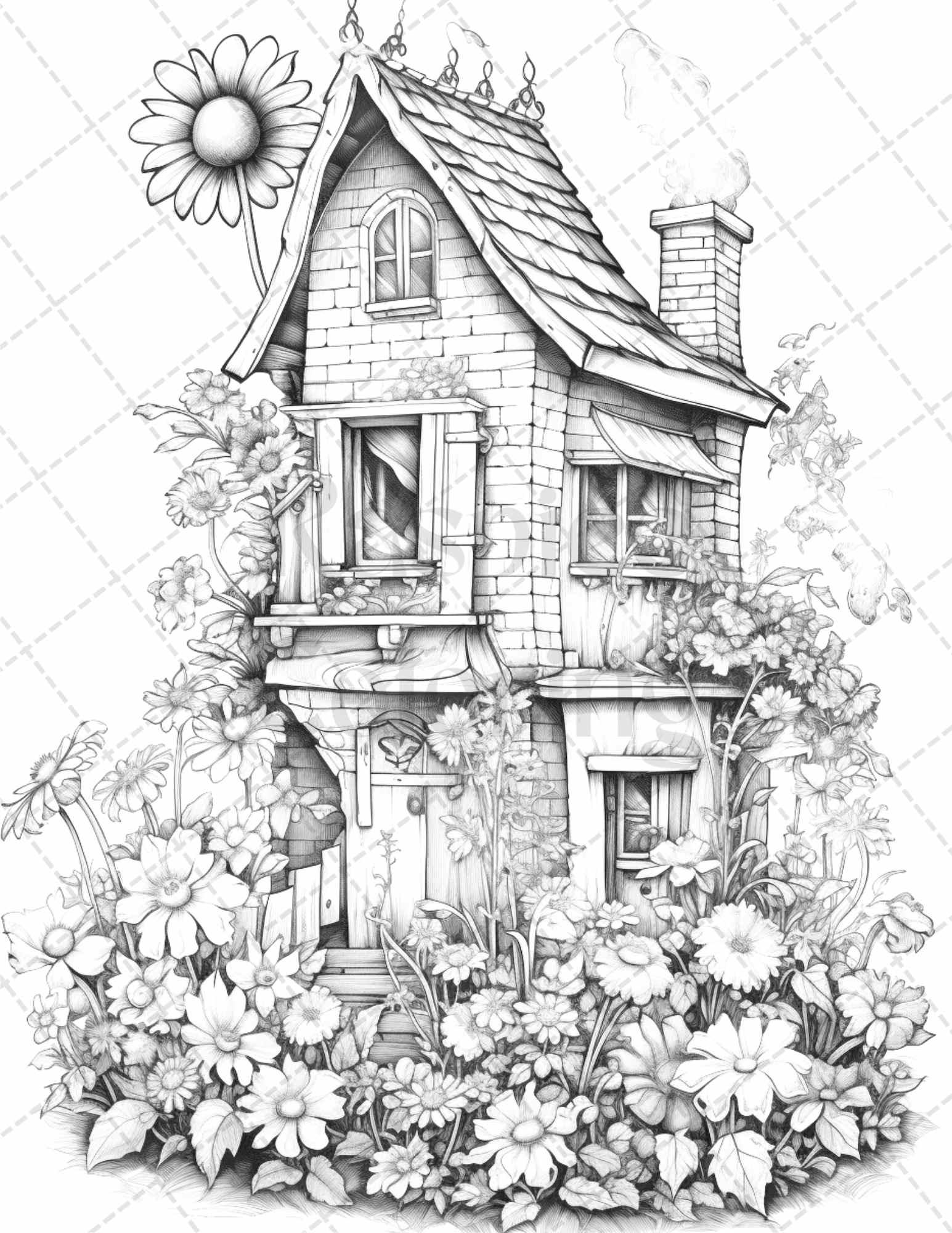 60 Flower Houses Grayscale Coloring Pages Printable for Adults, PDF File Instant Download