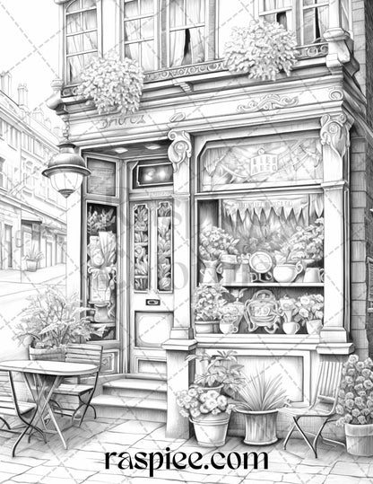50 Cozy Coffee Shop Grayscale Coloring Pages Printable for Adults, PDF File Instant Download