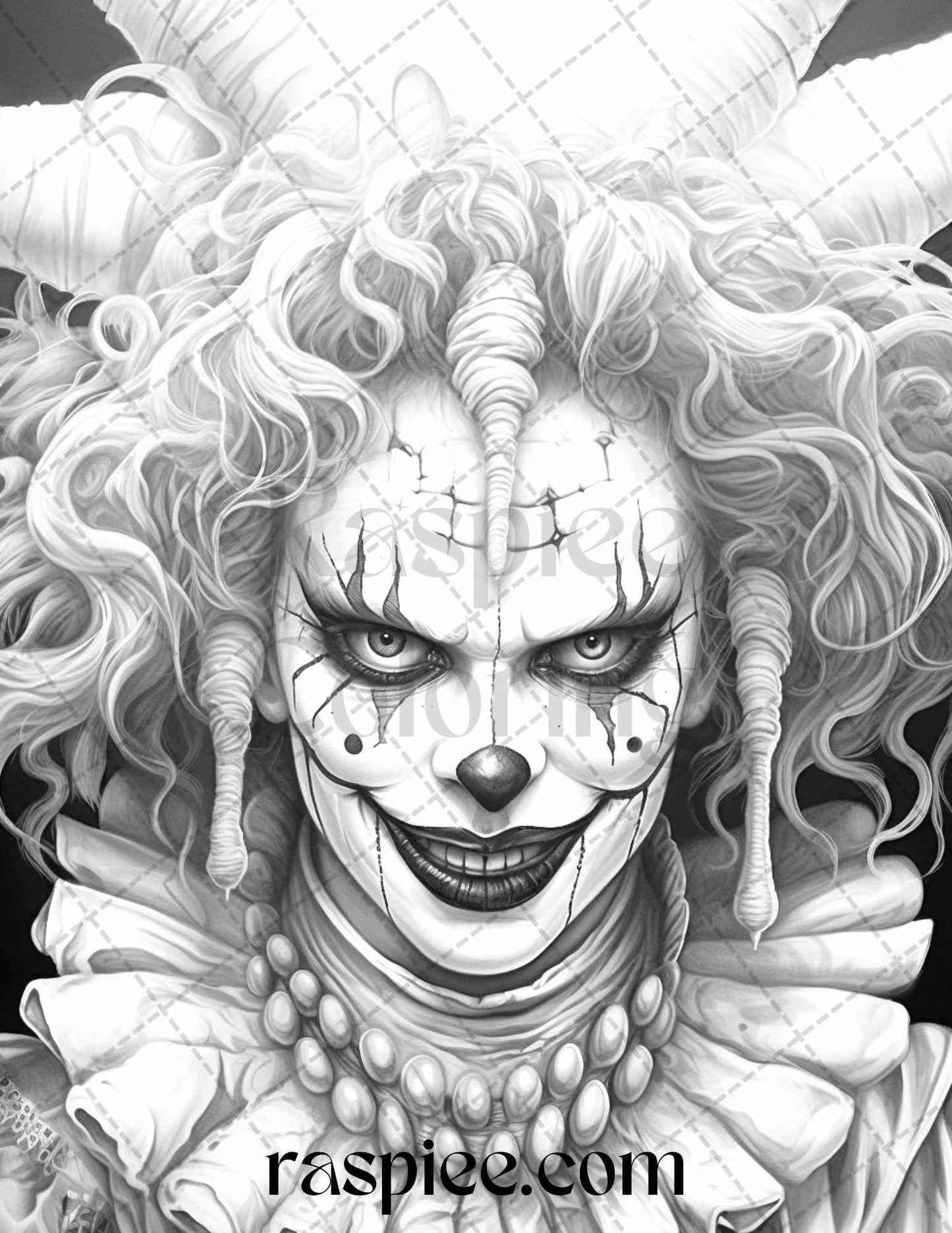 50 Scary Clown Girls Grayscale Coloring Pages Printable for Adults, PDF File Instant Download