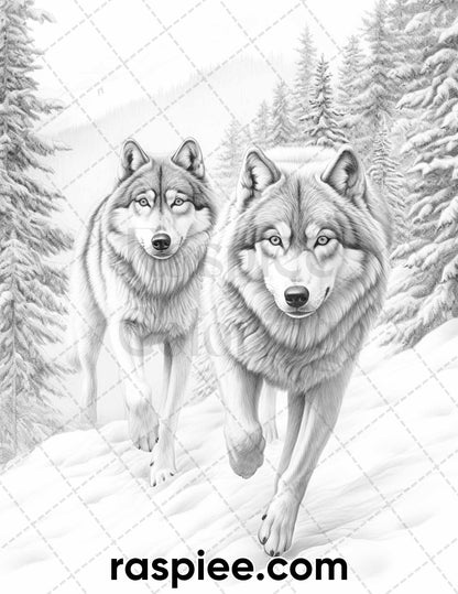 50 Winter Wolf Grayscale Coloring Pages for Adults, Printable PDF Instant Download