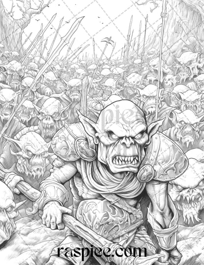 Fantasy Goblins Grayscale Coloring Pages Printable for Adults, PDF File Instant Download