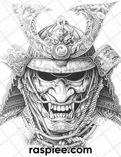 60 Traditional Japanese Tattoos Grayscale Adult Coloring Pages, Printable PDF Instant Download