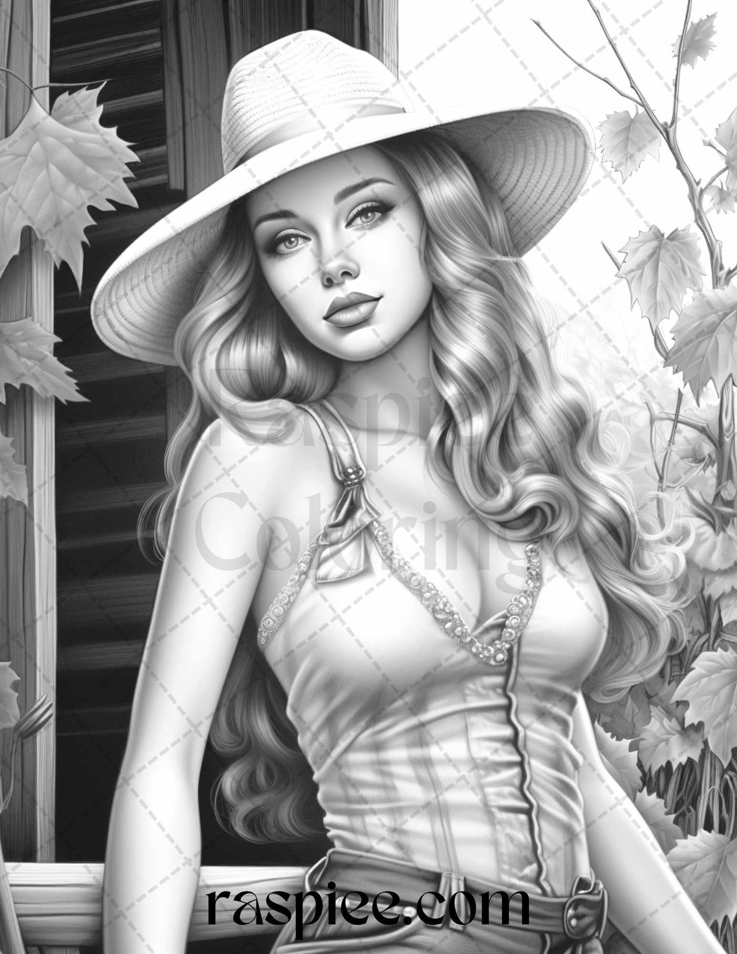 55 Autumn Pin Up Girls Grayscale Coloring Pages Printable for Adults, PDF File Instant Download